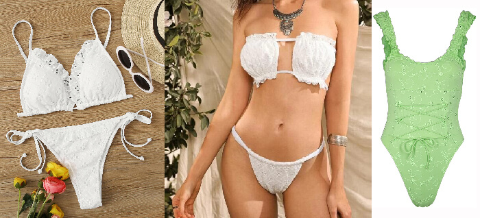 womens in white bikini custom swimwear with embroidery eyelets