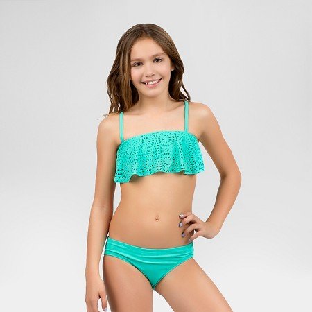 Teens In Skimpy Bikinis Custom Solid Green Girls Laser Cut Ruffle Bikini Set