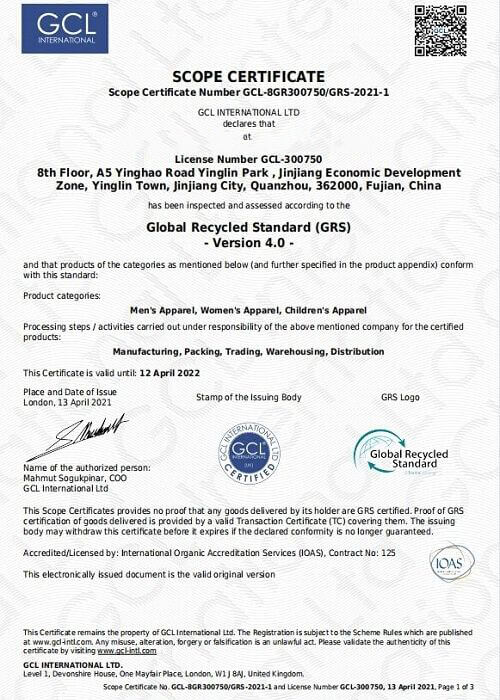 unijoy certification-GRS