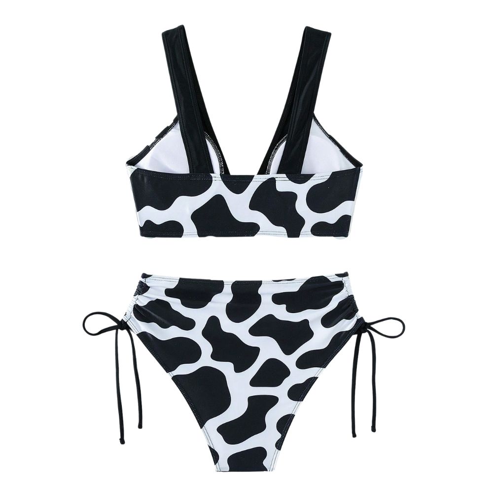 Custom Cow Print Deep V Swimwear Drawstring Side Bikini - Unijoy