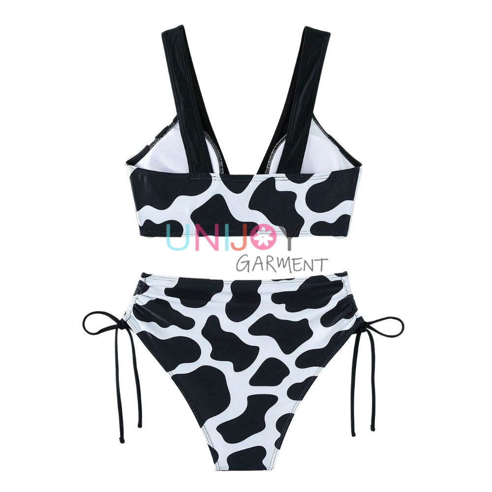 Custom Cow Print Deep V Swimwear Drawstring Side Bikini - Unijoy