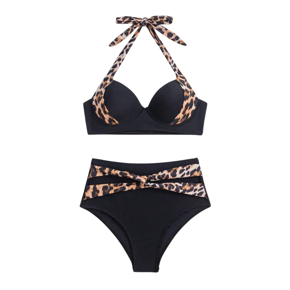 UNBK2022002-Leopard Custom Print Halter Swimwear Best Bikini Manufacturer