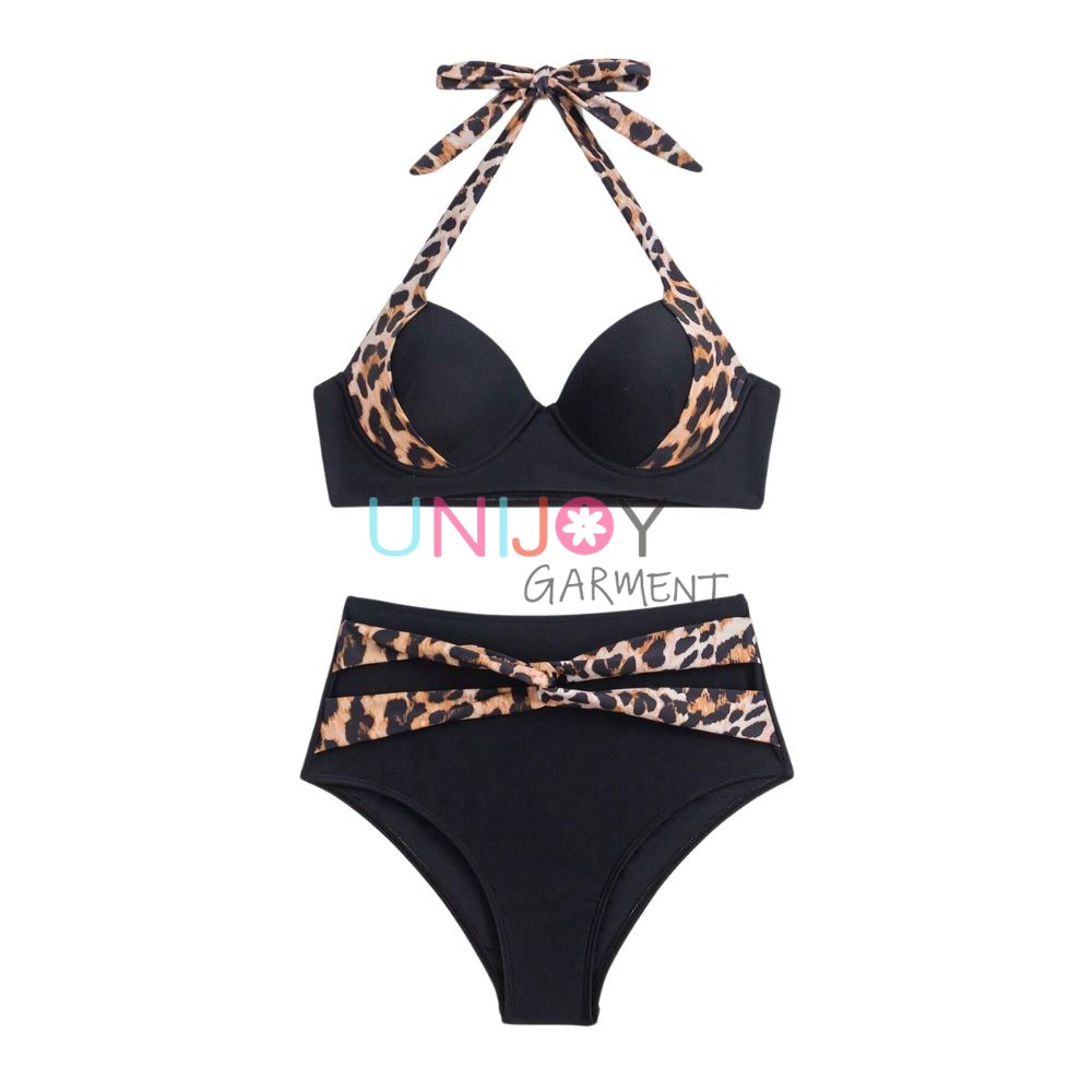 UNBK2022002-Leopard Custom Print Halter Swimwear Best Bikini Manufacturer