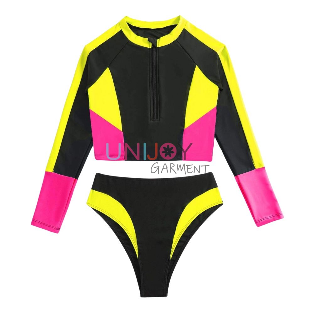 UNRGBK002-Color Block Cropped Rash Guard Set Factory Swimwear