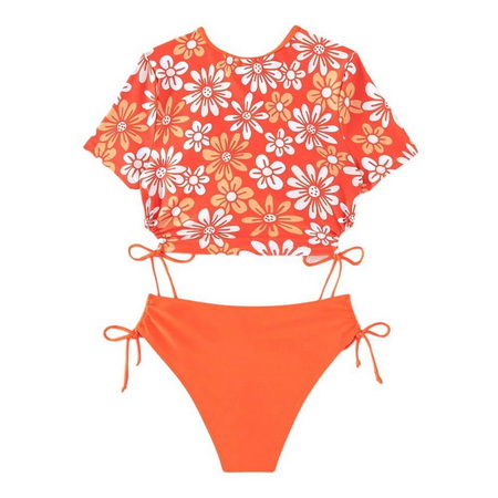 UNRGBK004-Floral Printed Short Sleeve Custom Swimwear