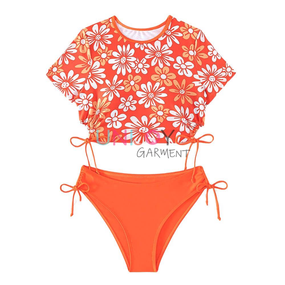 UNRGBK004-Floral Printed Short sleeve Custom Design Swimsuits