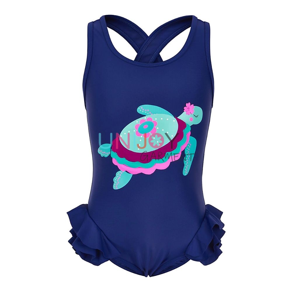 UNGLOP001-3D Sea Turtle Applique Girls Custom Swimsuit Eco Friendly