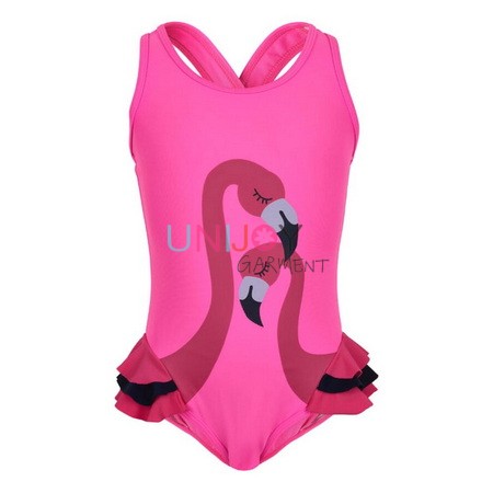 UNGLOP003-Flamingo Ruffles Girls Custom Made Swimsuit With Cross-back