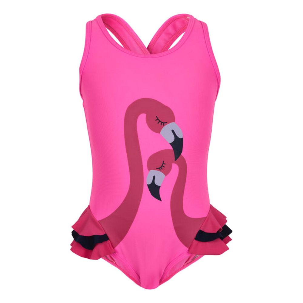 UNGLOP003-Flamingo Ruffles Girls Custom One-piece Swimsuit With Cross-back