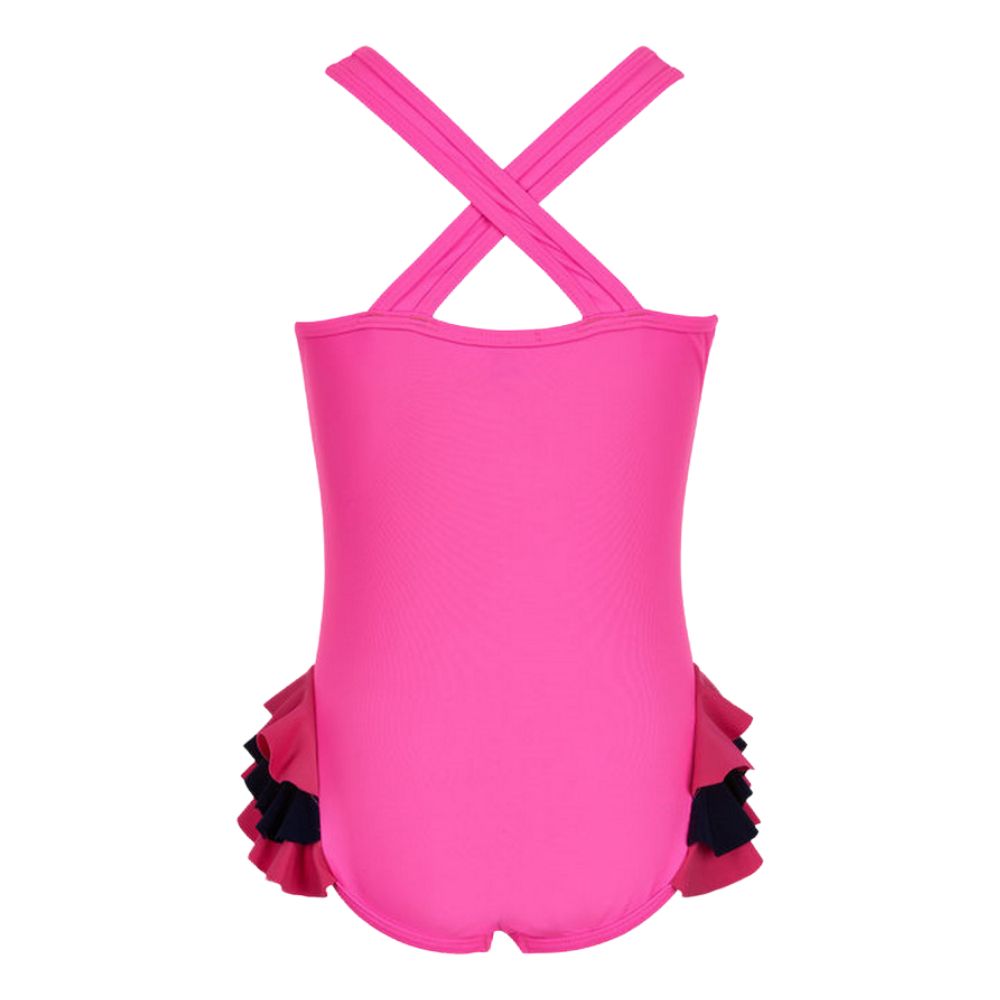 UNGLOP003-Flamingo Ruffles Girls Custom Swimsuit Cross Back
