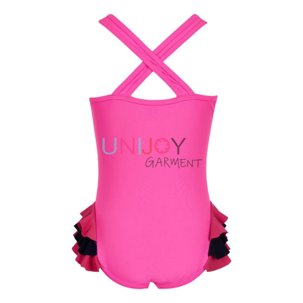 UNGLOP003-Flamingo Ruffles Girls Custom Swimsuit Cross Back