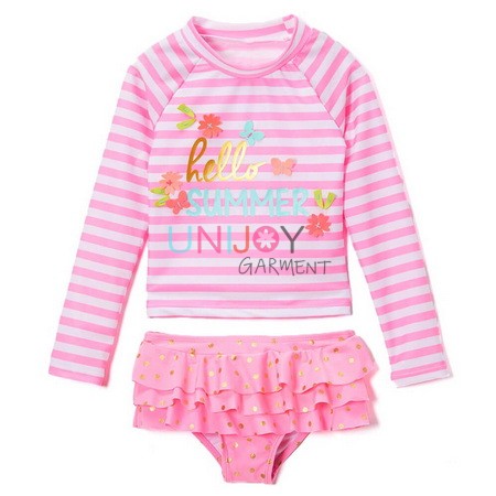 UNGLRG001-3D Flower Applique Stripe Girls Custom Rashguard Set China Swimwear