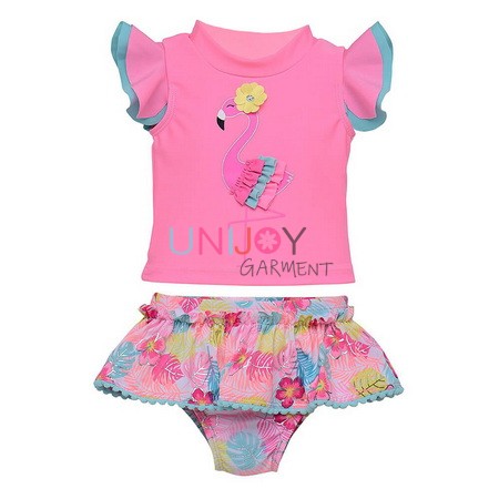 UNGLRG002-Pink 3D flamingo and flower Applique Custom Rashguard and Ruffles Bikini Bottoms