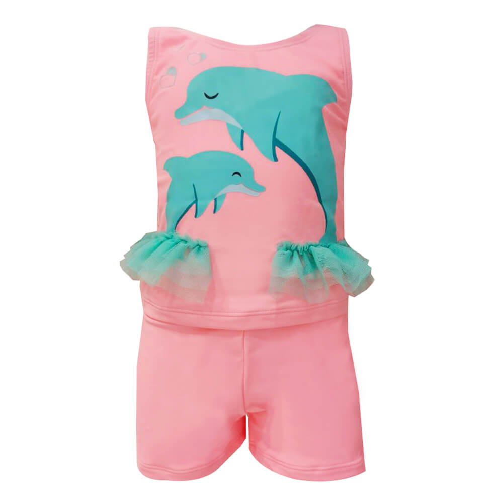 UNGLTK001-Dolphin Applique Girls Custom Swimsuit Tankini with Short