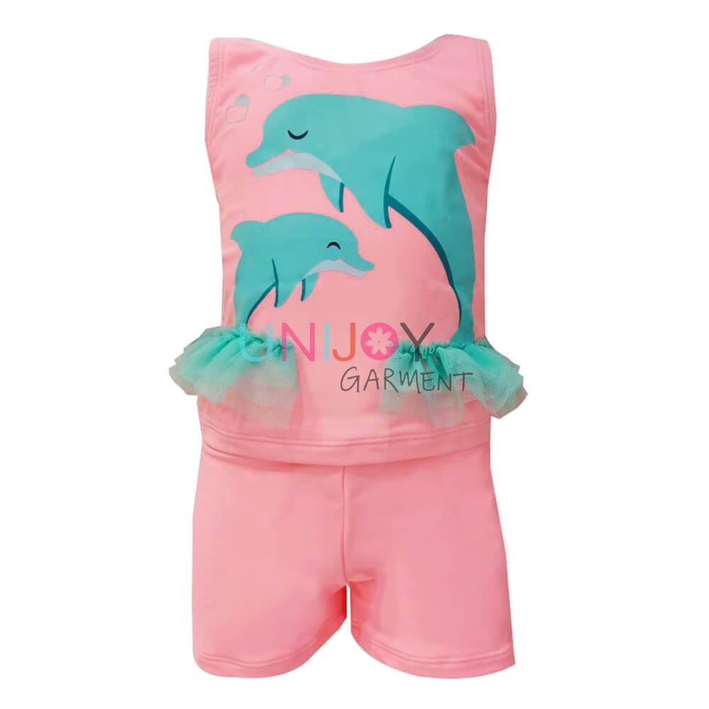 UNGLTK001-Dolphin Applique Girls Custom Swimsuit Tankini with Short