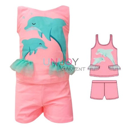 UNGLTK001-Dolphin Applique Girls Tankini Custom Design Swimsuit