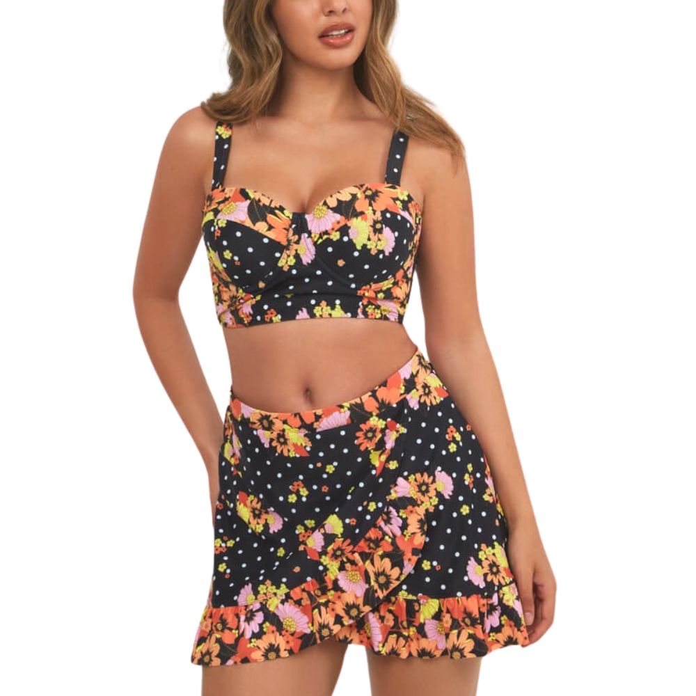 UNMDS004-Floral and Spot Custom Print Bikini and Frill Swim Dress