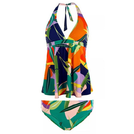 UNTK21-009857-Vibrant Leaves Custom Printed Swimwear Halter Tankini Set