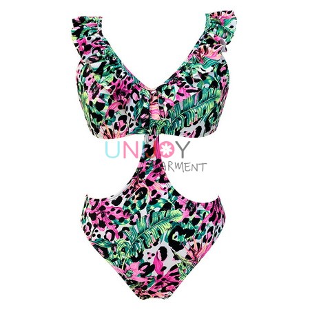 UNWMOP21-1681-Ruffles Women Floral and Leopard Print Custom One-piece Swimsuit