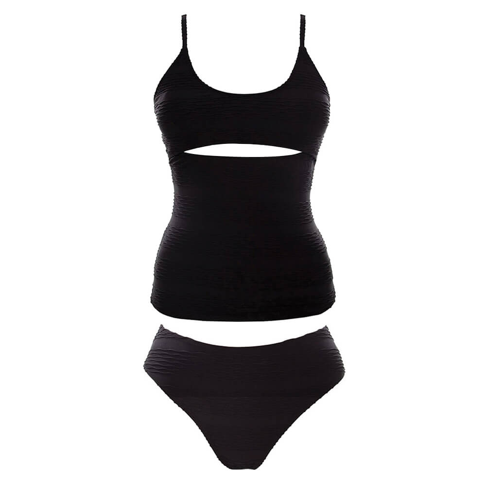 UNTK21238-Custom Textured Swimwear Cut-out Black Tankini