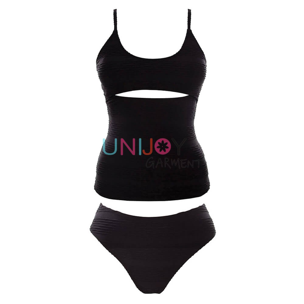 UNTK21238-Custom Textured Swimwear Cut-out Black Tankini