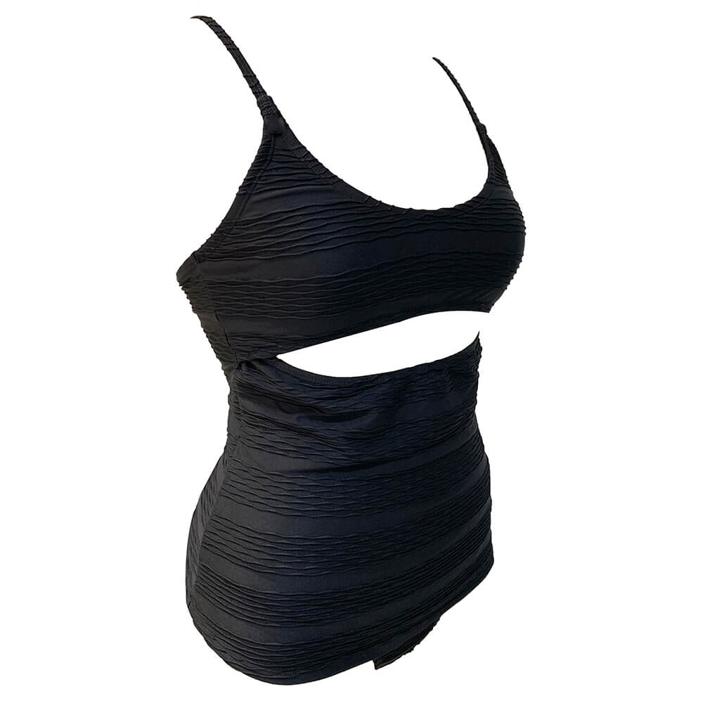 UNTK21238-Textured Swimsuit Cut-out Black Tankini