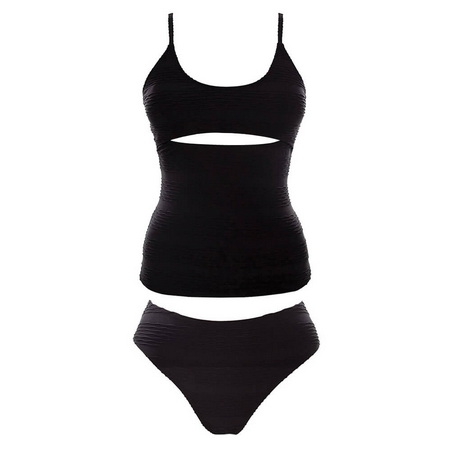 UNTK21238-Textured Swimwear Black Custom Tankini Set