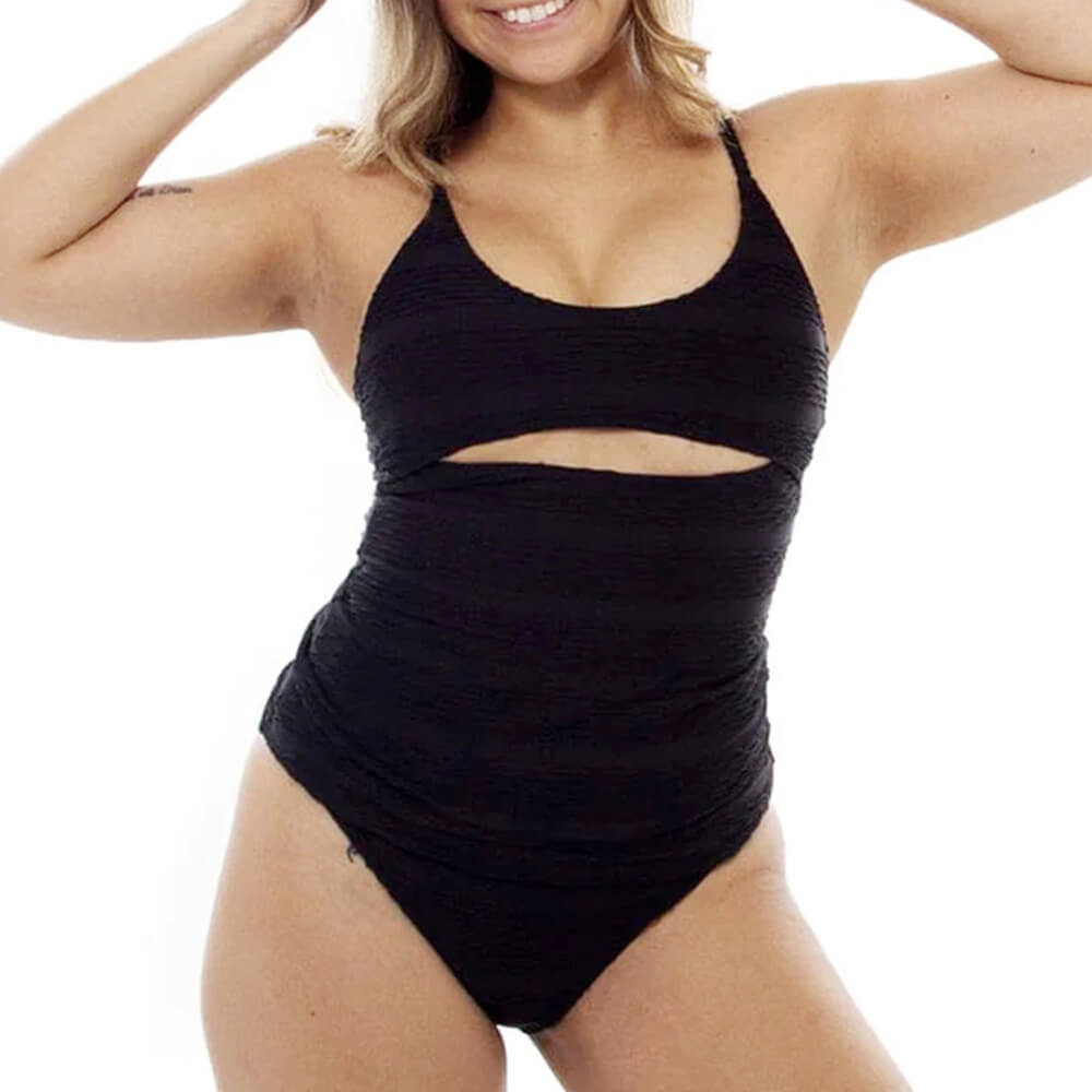 UNTK21238-Women Textured Swimwear Black Custom Made Tankini Set