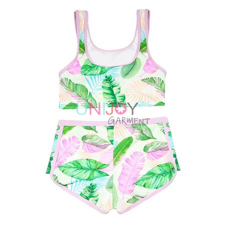 UNGLBK-25047-Custom Bikini Tropical Leaves Prints Ribbed and Shorts For Teen Girls