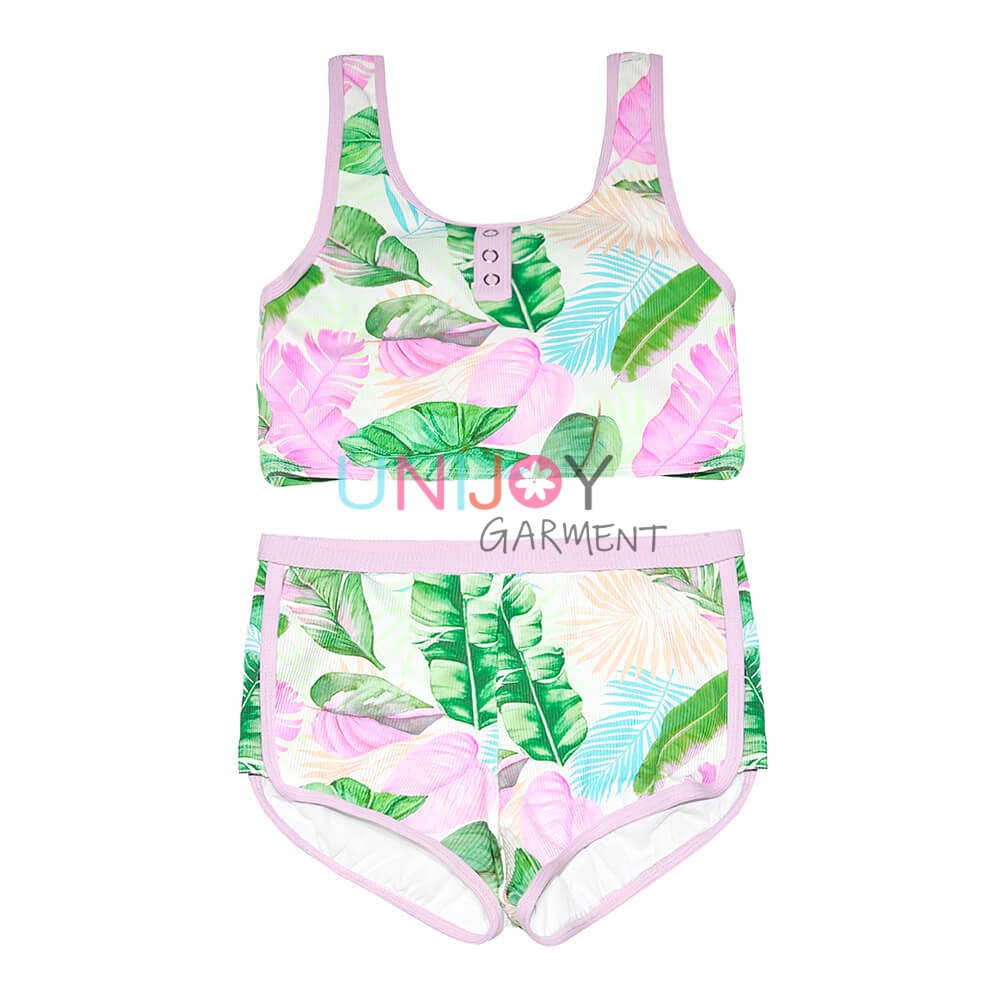 UNGLBK-25047-Tropical Leaves Print Ribbed Swimwear Custom Bikinis for Kids