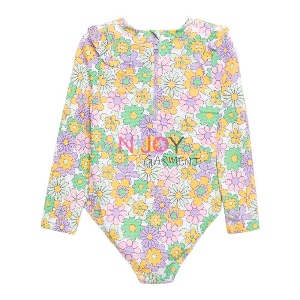 UNGLRG-2505013 - Maillot de bain une pièce texturé popcorn, imprimé floral, manches longues, rashguard personnalisé