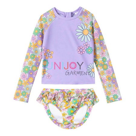 UNGLRG-250528-Custom Rashguard Set Floral Popcorn Textured Tiered Ruffle Swimsuit with Swim Diaper