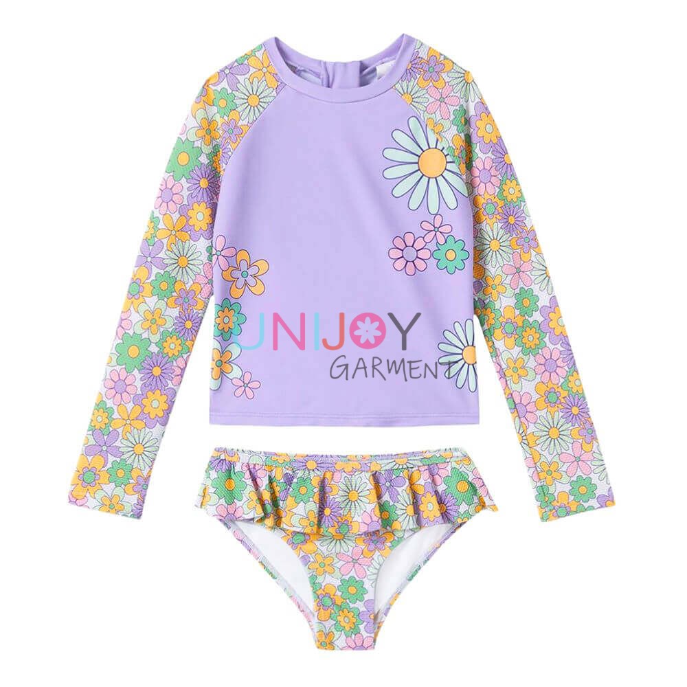 UNGLRG-250528-Floral Printing Popcorn Textured Ruffles Girls Custom Rashguard Set