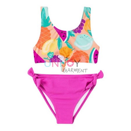 UNGLBK-2506-035-Custom Bikini Set For Girls Vibrant Fruits Printing Swimsuit in Popcorn Textured Fabric