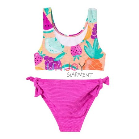 UNGLBK-2506-035-Custom Printing Bikini Popcorn Textured Girls Swimsuit with Bow