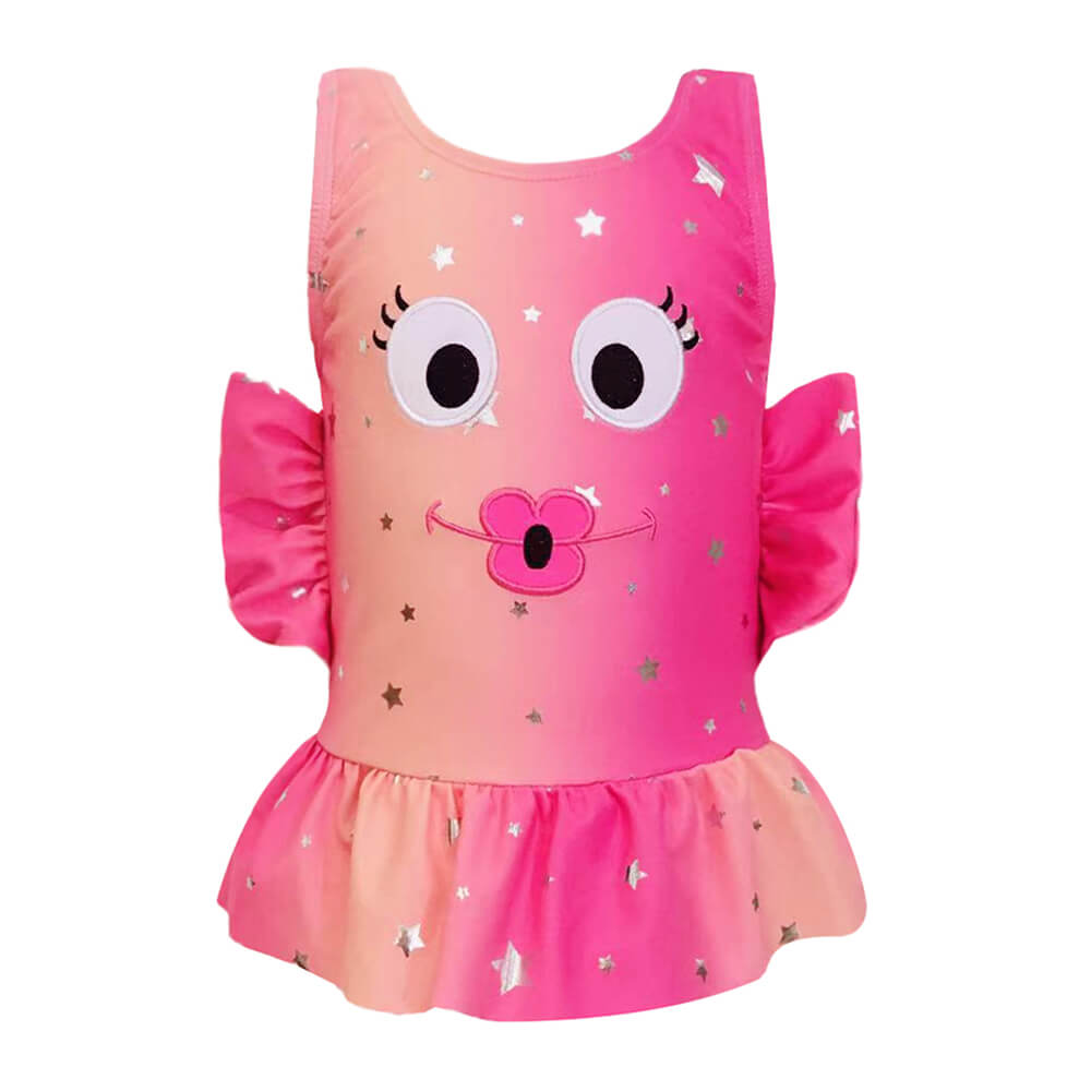 GOP-012-23-Foliendruck Cartoon Fisch Applikation Mädchen Rosa Fisch Einteiliger Badeanzug mit Rüschen