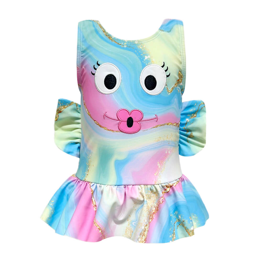 GOP-012-24-Foliendruck Fisch-Applikation Mädchen Blau Badeanzug mit Rüschen