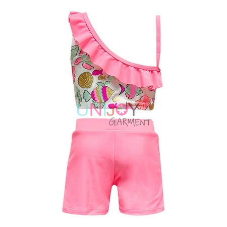 UNGLTK-25056-Custom Bademode Folie Unterwasser Fisch Druck Rüschen Mädchen Tankini mit Shorts