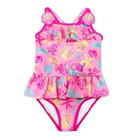 UNGOP-25005-Custom Mädchen Pailletten Muschel Druck Rüschen Einteiliger Badeanzug