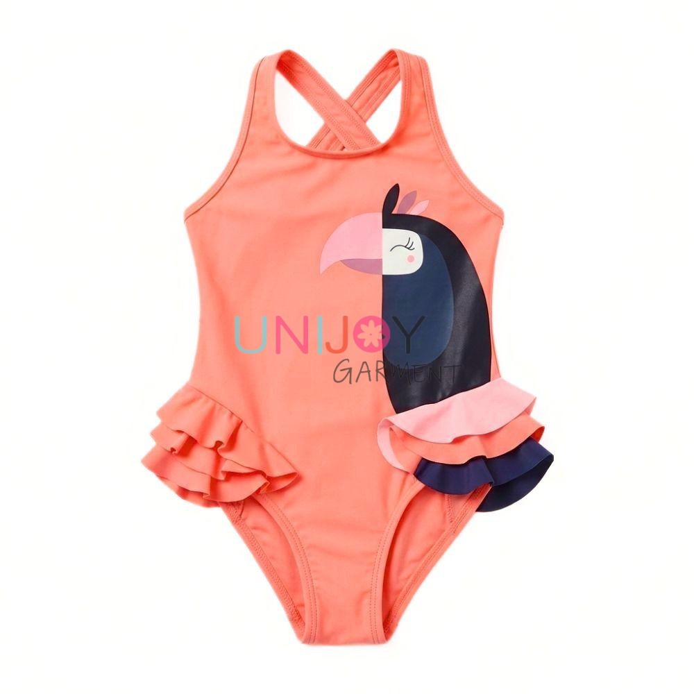 Front view of coral pink girls one-piece swimsuit featuring a tropical toucan print and 3D gradient ruffles.