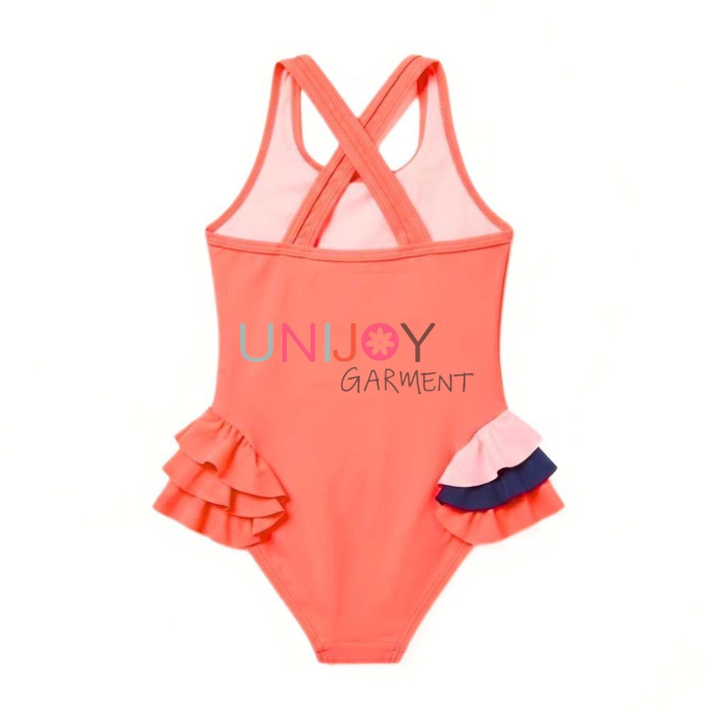 Back view of girls cross-back kids bathing suit showing secure strap construction and clean edge finishing.