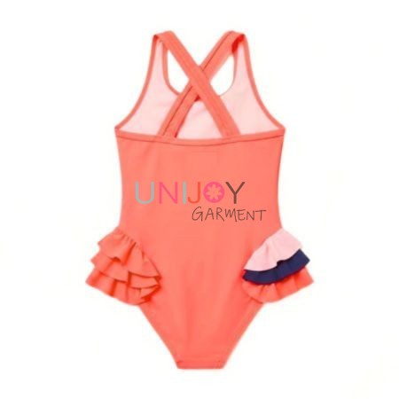 Back view of girls cross-back kids bathing suit showing secure strap construction and clean edge finishing.