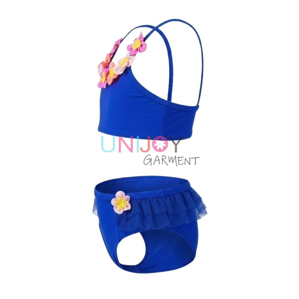 Zweiteiliger Tankini-Badeanzug für Mädchen in Königsblau mit bunten 3D-Blumen