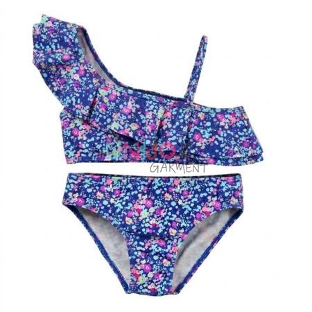 Mädchen-Bikini-Set mit einem Träger, Rüschen und Blumenmuster, zweiteilig