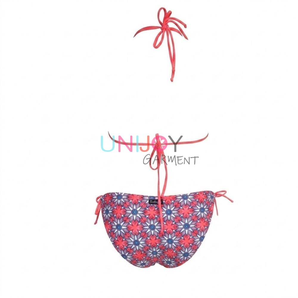 custom women's string bikini showcasing the adjustable halter neck and back tie strap design