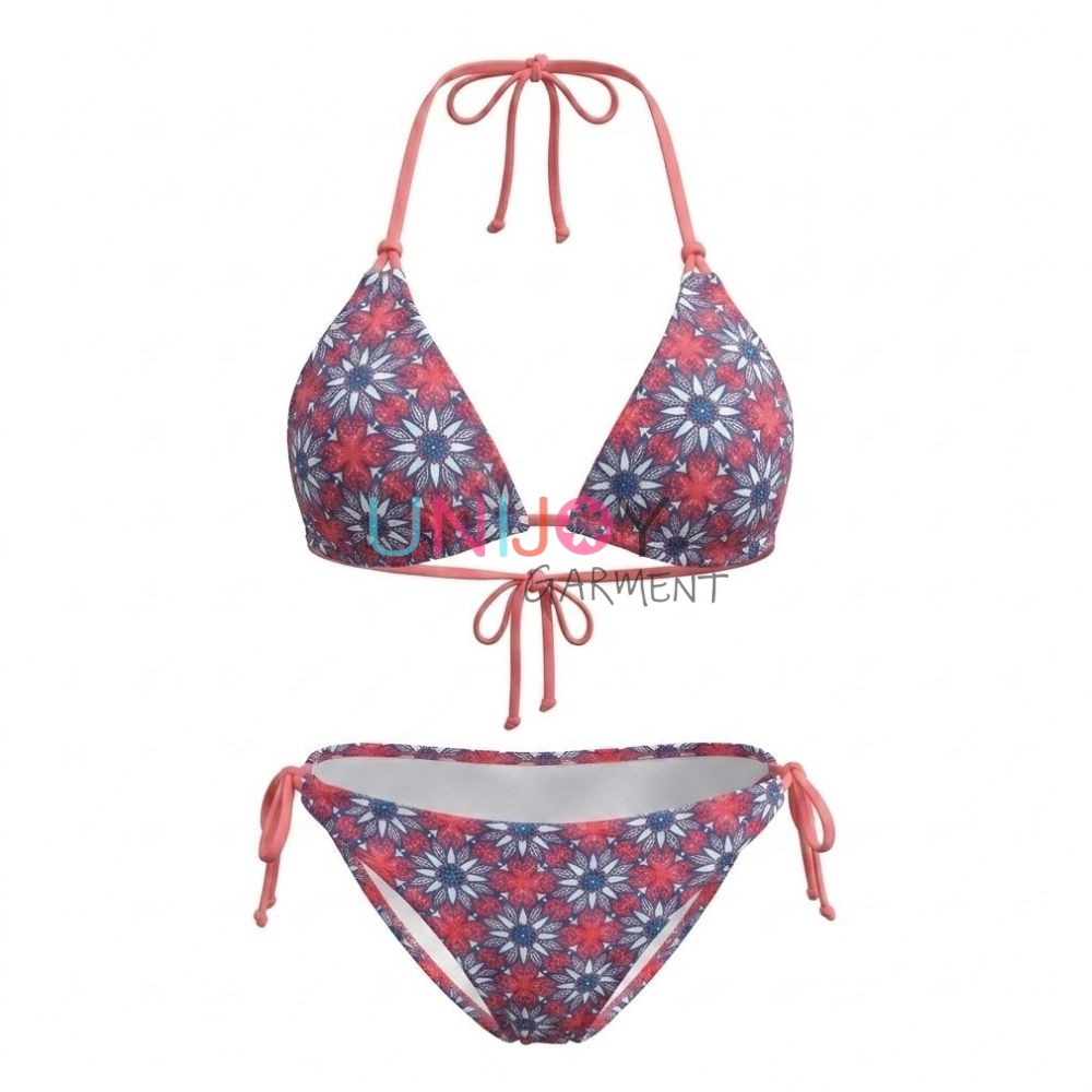 private label geometric print bikini set with an adjustable triangle halter