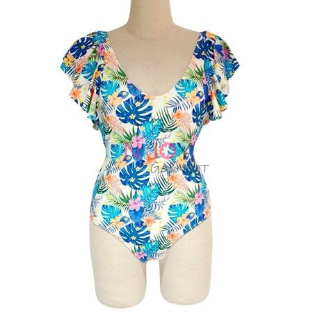 Mono de una pieza con escote en V profundo, mangas acampanadas y estampado floral tropical.