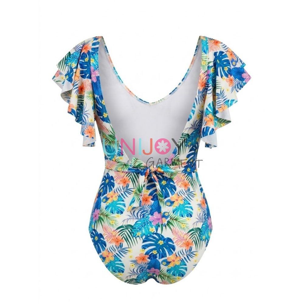 Traje de baño de una pieza para mujer con estampado de palmeras tropicales y volantes