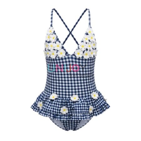 UNGOP260616-private label girls' navy and white gingham one-piece swimsuit