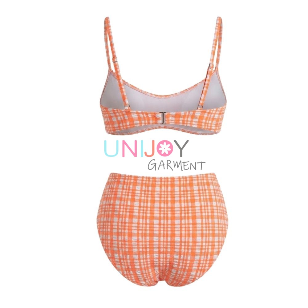 UNLBK260615-Women's Private Label Orange Plaid High-Waisted Bikini Set
